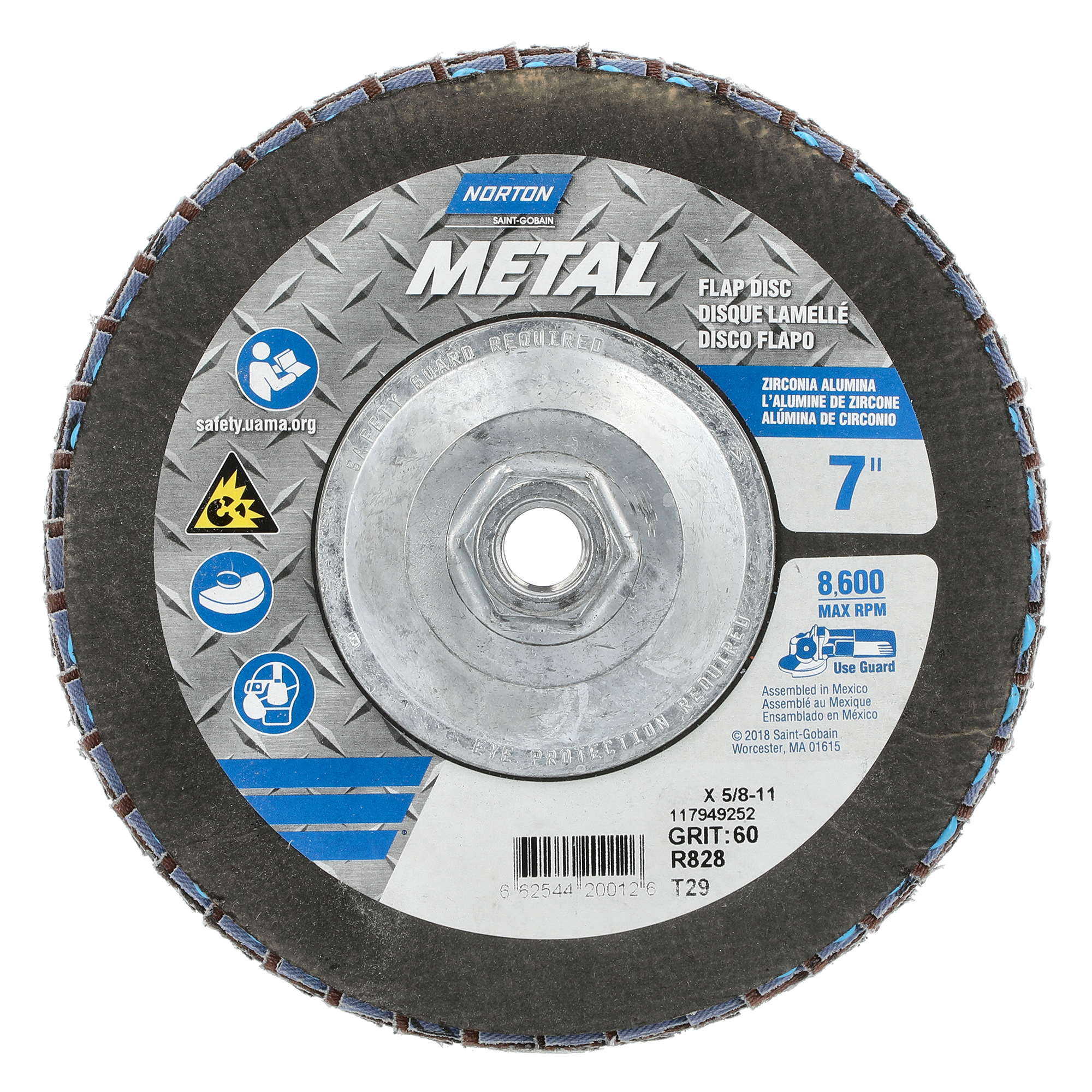 Norton 7 x 5/8 - 11 In. Metal Fiberglass Conical Flap Disc T29 P60 Grit R828 ZA