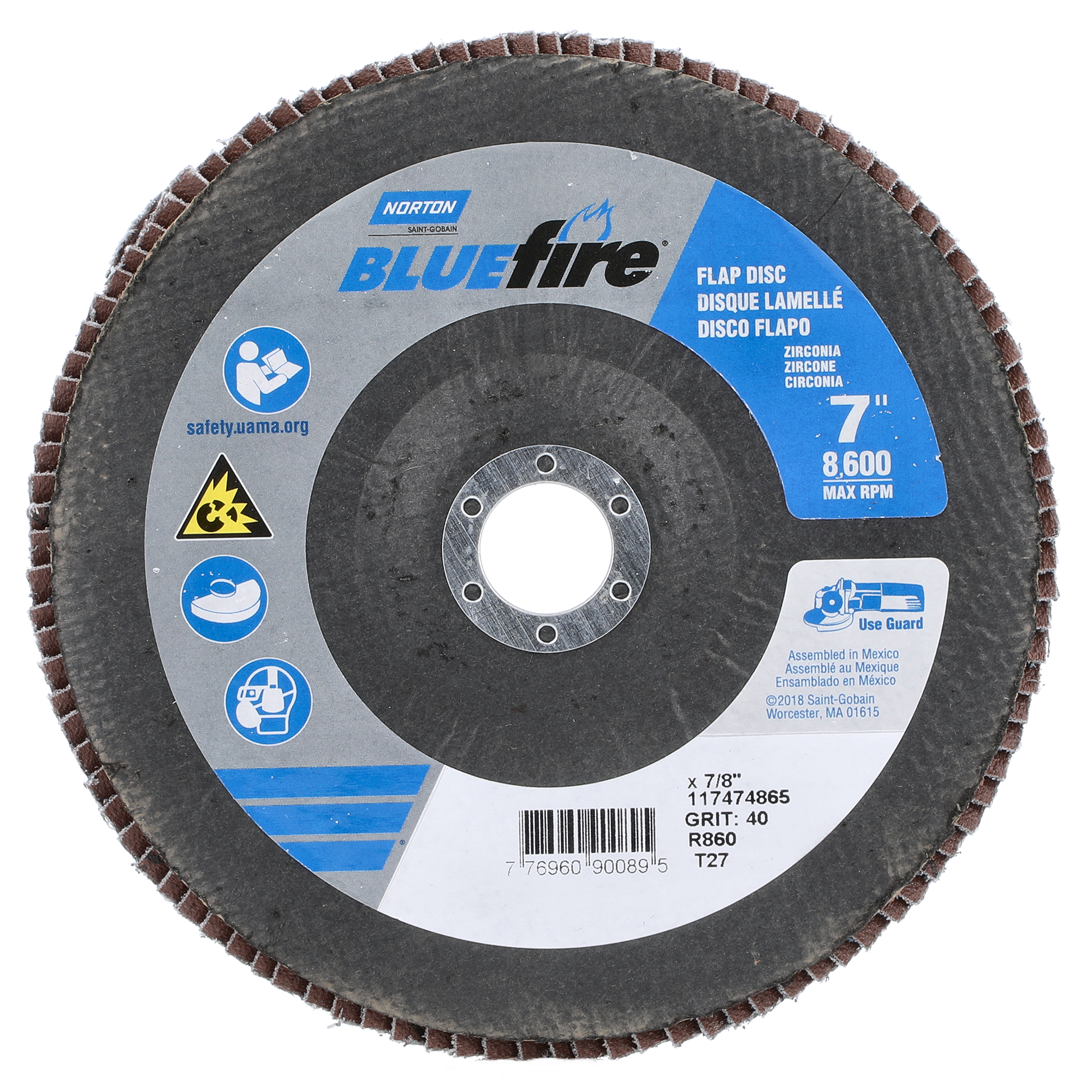 Norton 7 x 7/8 In. BlueFire Fiberglass HD Flat Flap Disc T27 P40 Grit R884P1 ZA