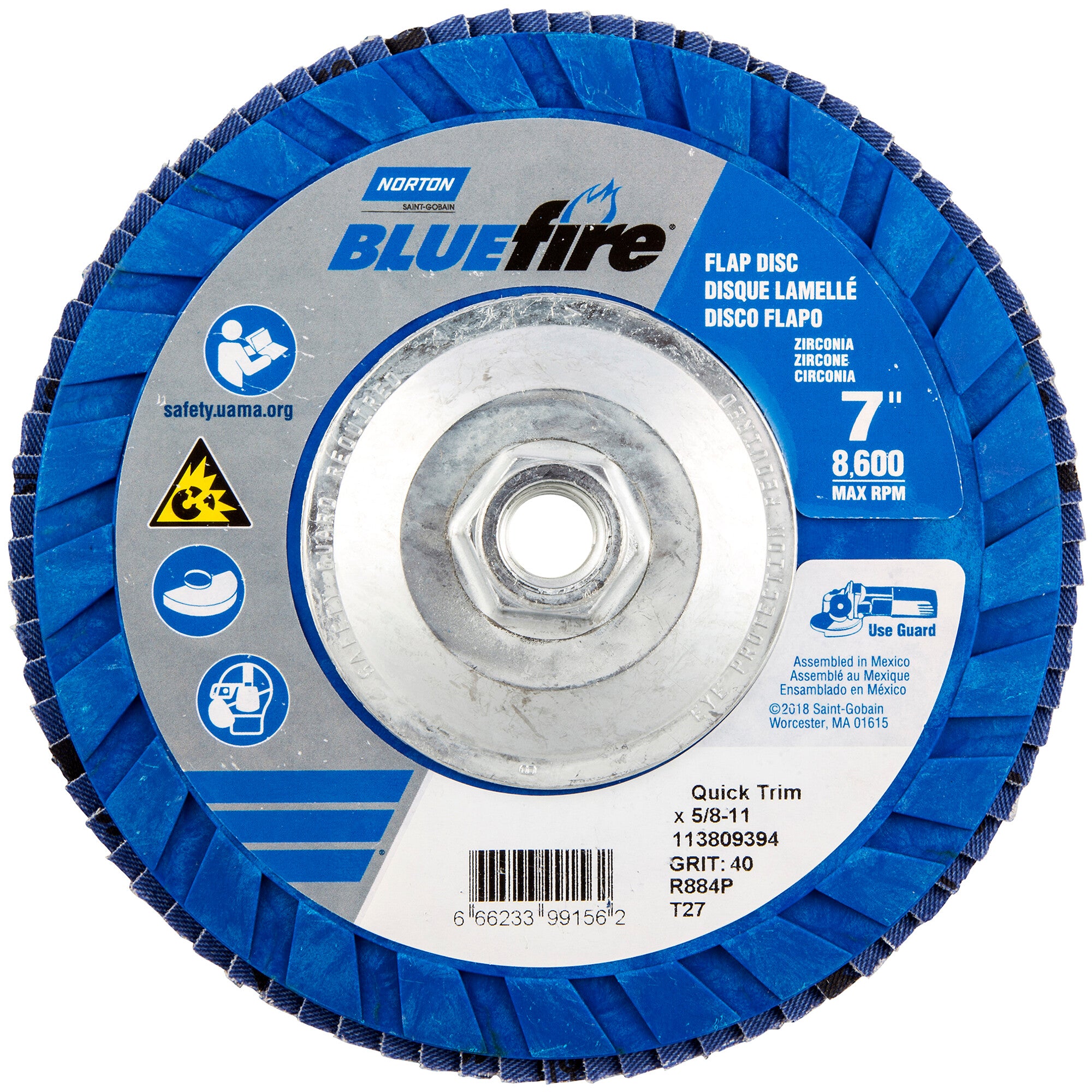 Norton 7 x 5/8 - 11 In. BlueFire Plastic Flat Flap Disc T27 P40 Grit R884P ZA