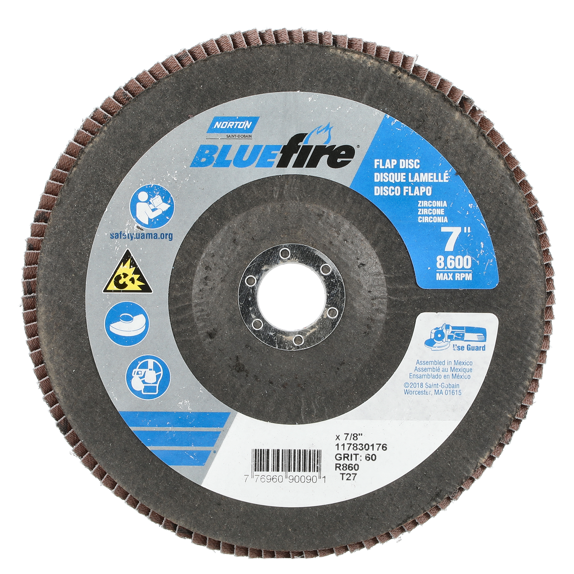 Norton 7 x 7/8 In. BlueFire Fiberglass HD Flat Flap Disc T27 P60 Grit R884P1 ZA