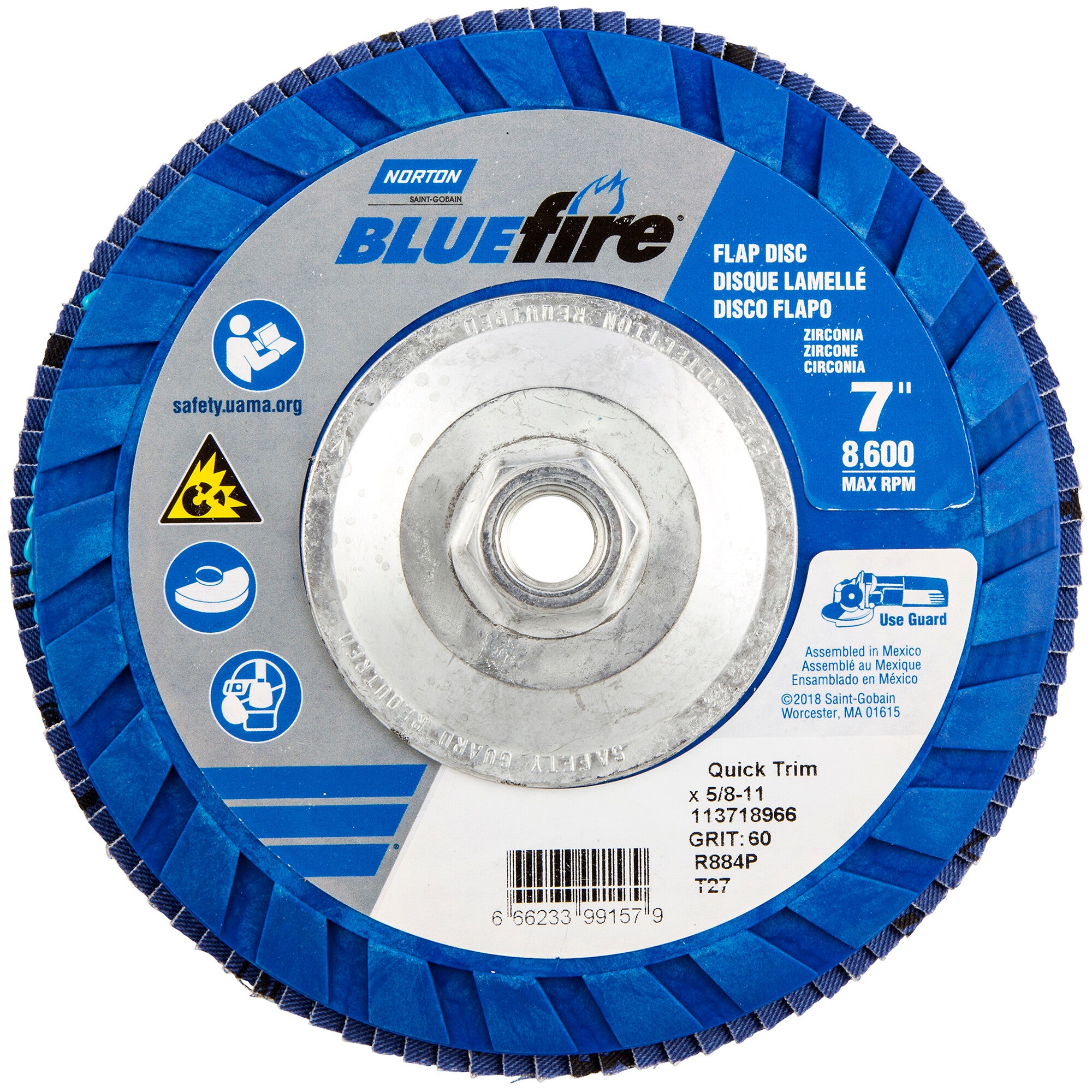 Norton 7 x 5/8 - 11 In. BlueFire Plastic Flat Flap Disc T27 P60 Grit R884P ZA