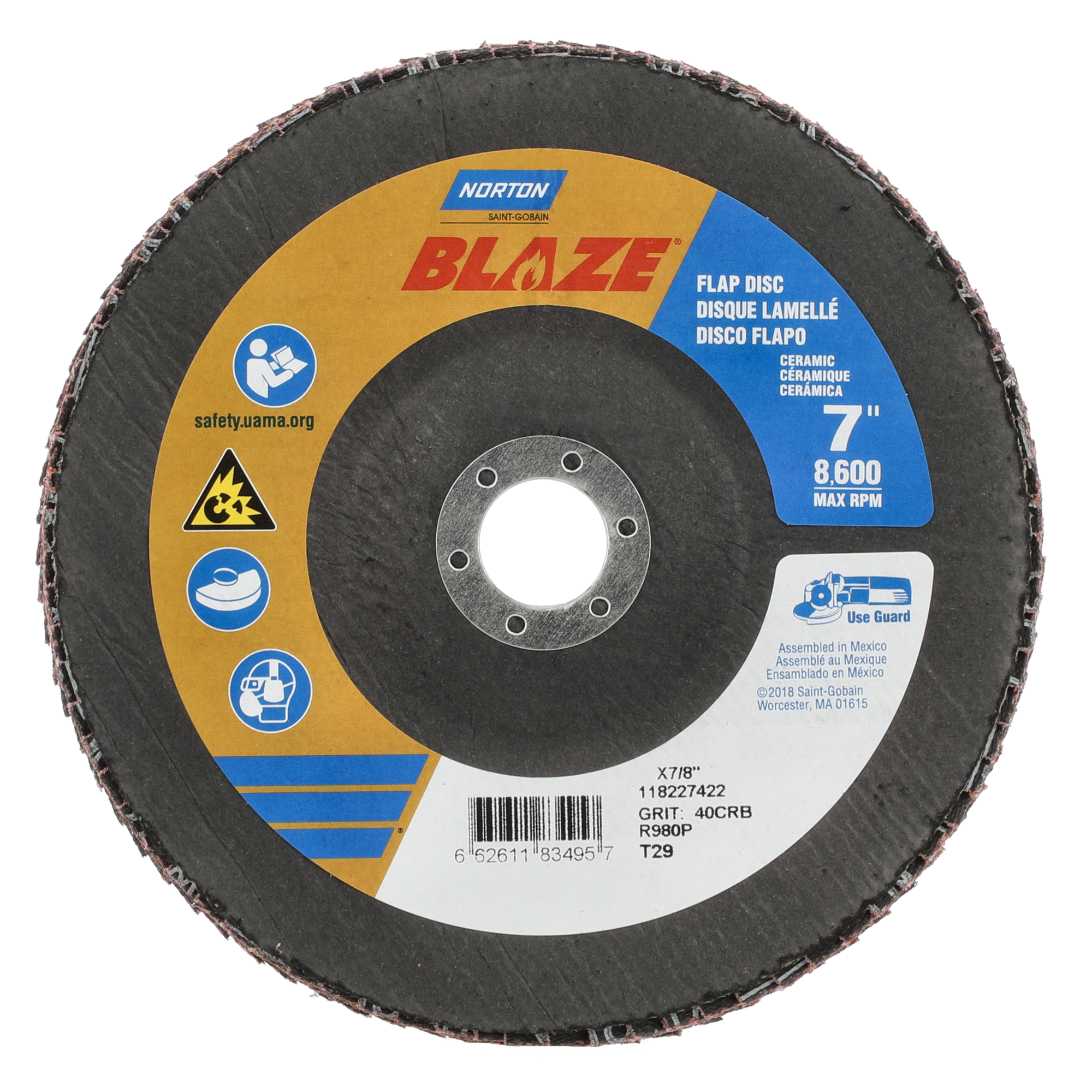 Norton 7 x 7/8 In. Blaze Fiberglass Conical Flap Disc T29 40 Grit R980P CA