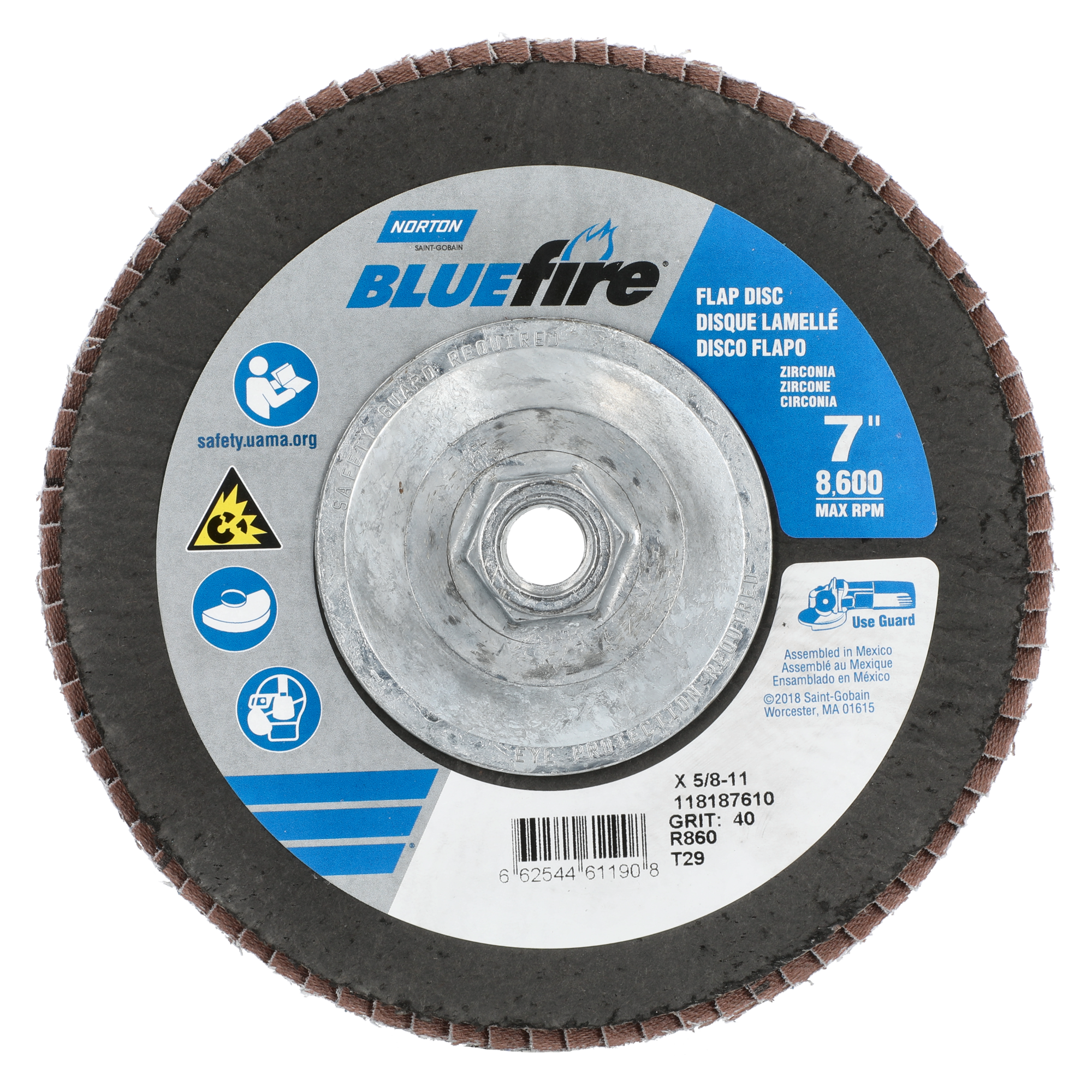 Norton 7 x 5/8 - 11 In. BlueFire Fiberglass Conical Flap Disc T29 P40 Grit R884P ZA