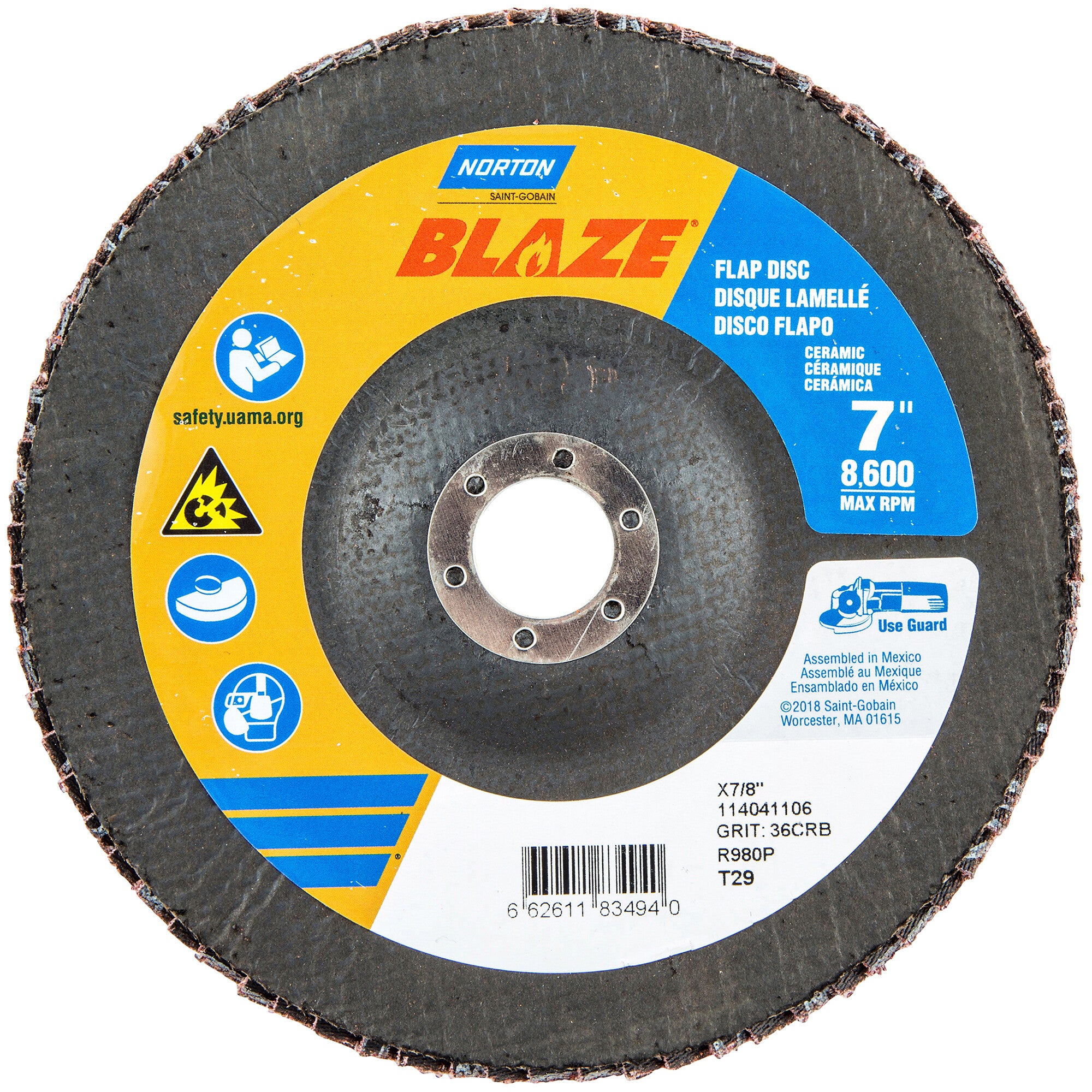 Norton 7 x 7/8 In. Blaze Fiberglass Conical Flap Disc T29 36 Grit R980P CA