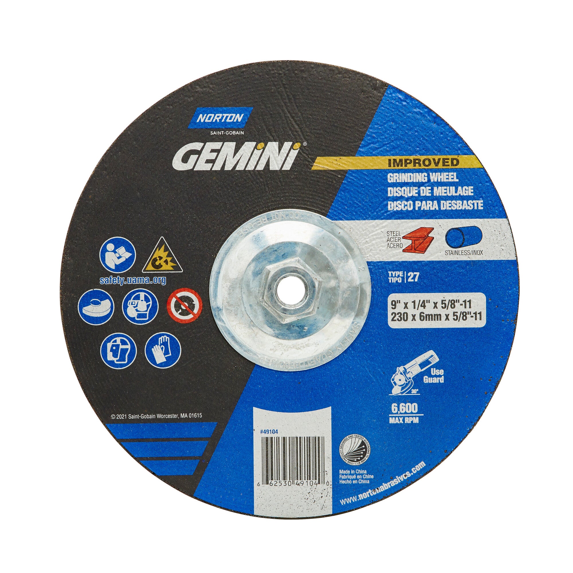 Norton 9 x 1/4 x 5/8 - 11 In. Gemini LF Grinding Wheel 24 R T27