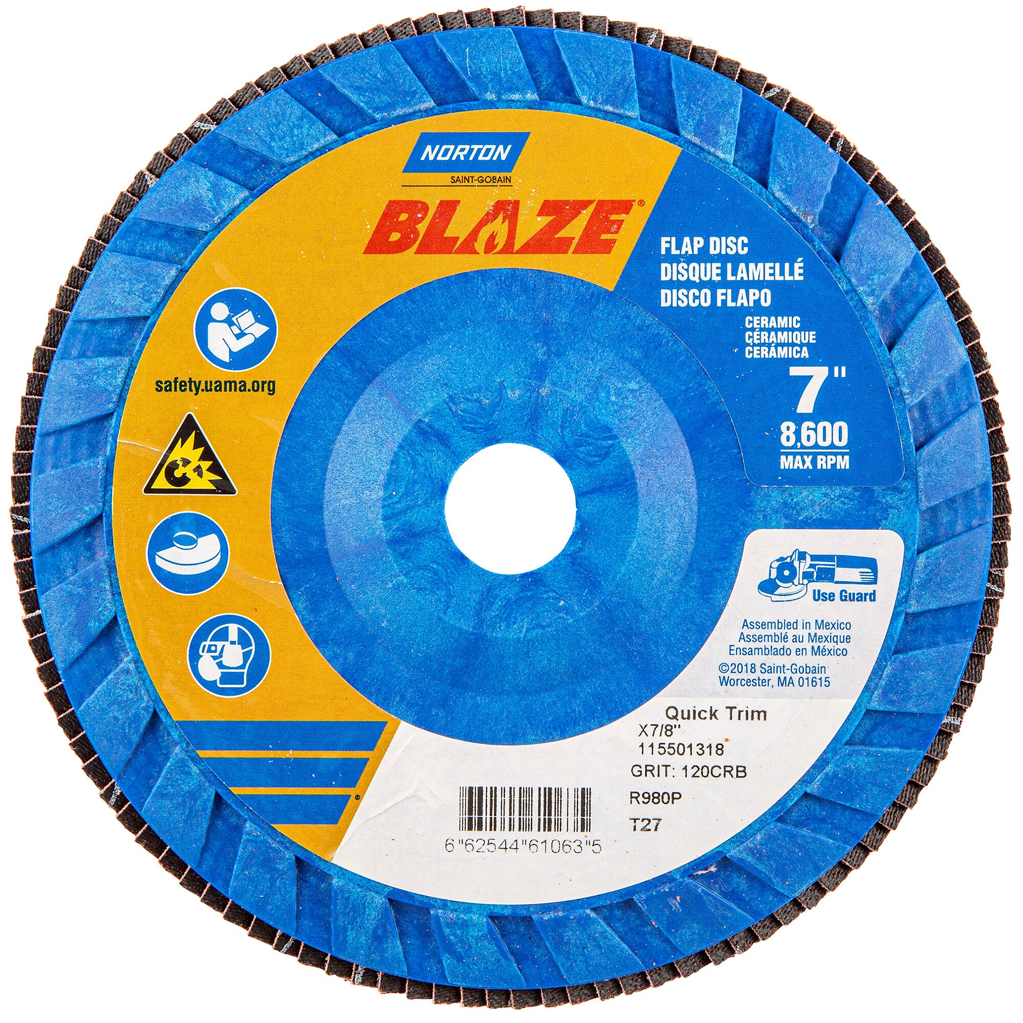 Norton 7 x 7/8 In. Blaze Plastic Flat Flap Disc T27 120 Grit R980P CA