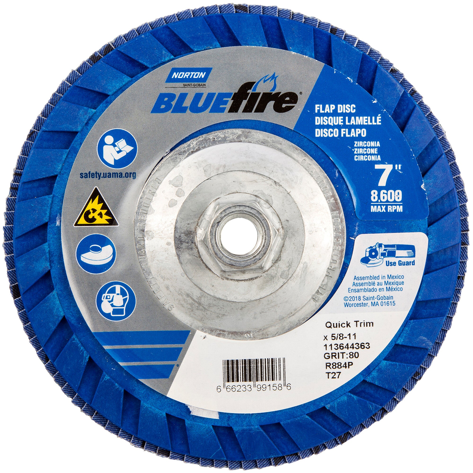 Norton 7 x 5/8 - 11 In. BlueFire Plastic Flat Flap Disc T27 P80 Grit R884P ZA