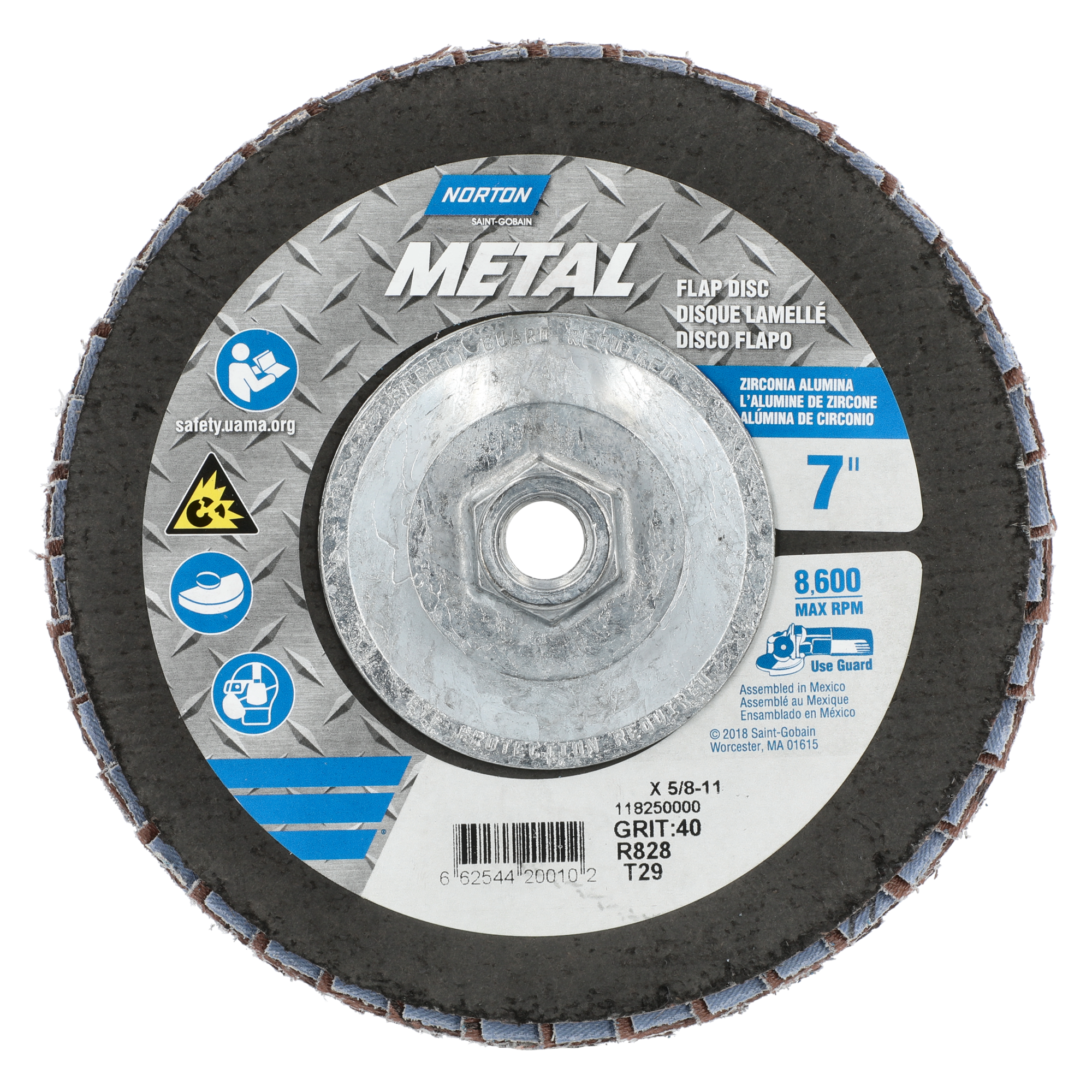 Norton 7 x 5/8 - 11 In. Metal Fiberglass Conical Flap Disc T29 P40 Grit R828 ZA