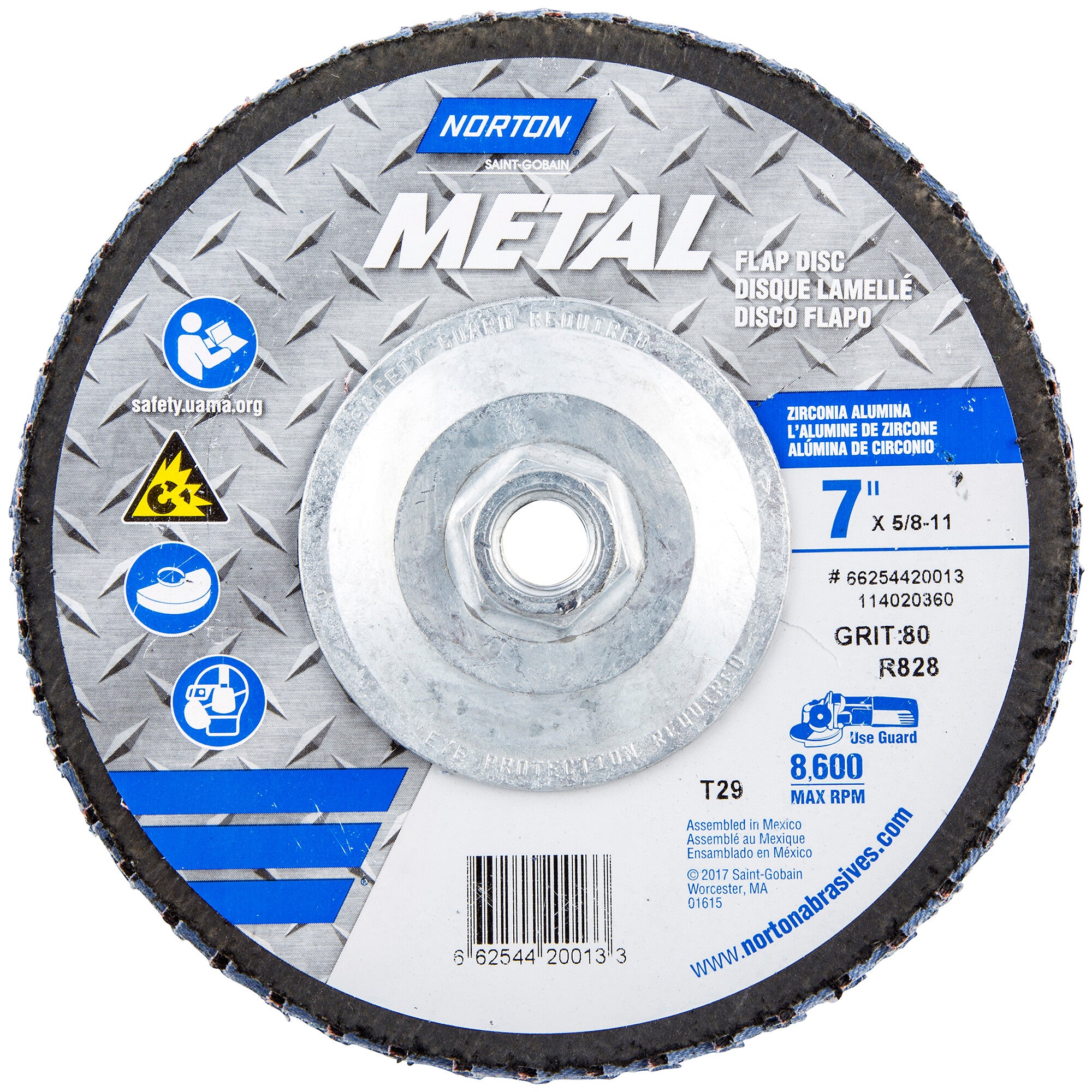 Norton 7 x 5/8 - 11 In. Metal Fiberglass Conical Flap Disc T29 80 Grit R828T ZA