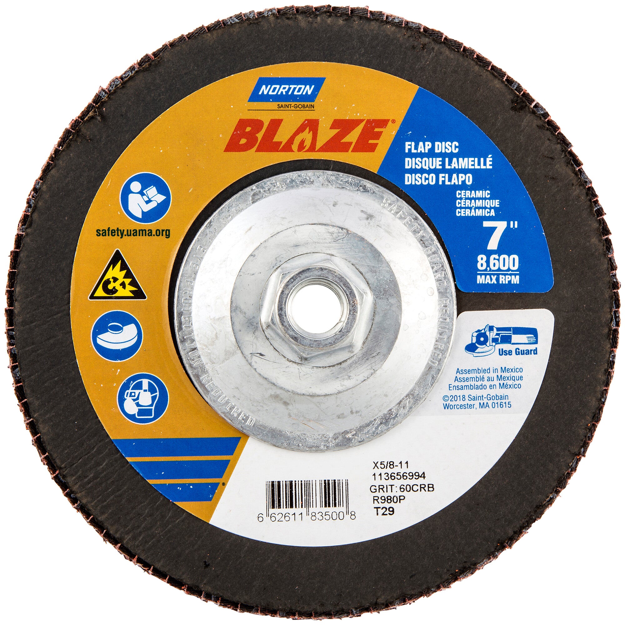 Norton 7 x 5/8 - 11 In. Blaze Fiberglass Conical Flap Disc T29 60 Grit R980P CA