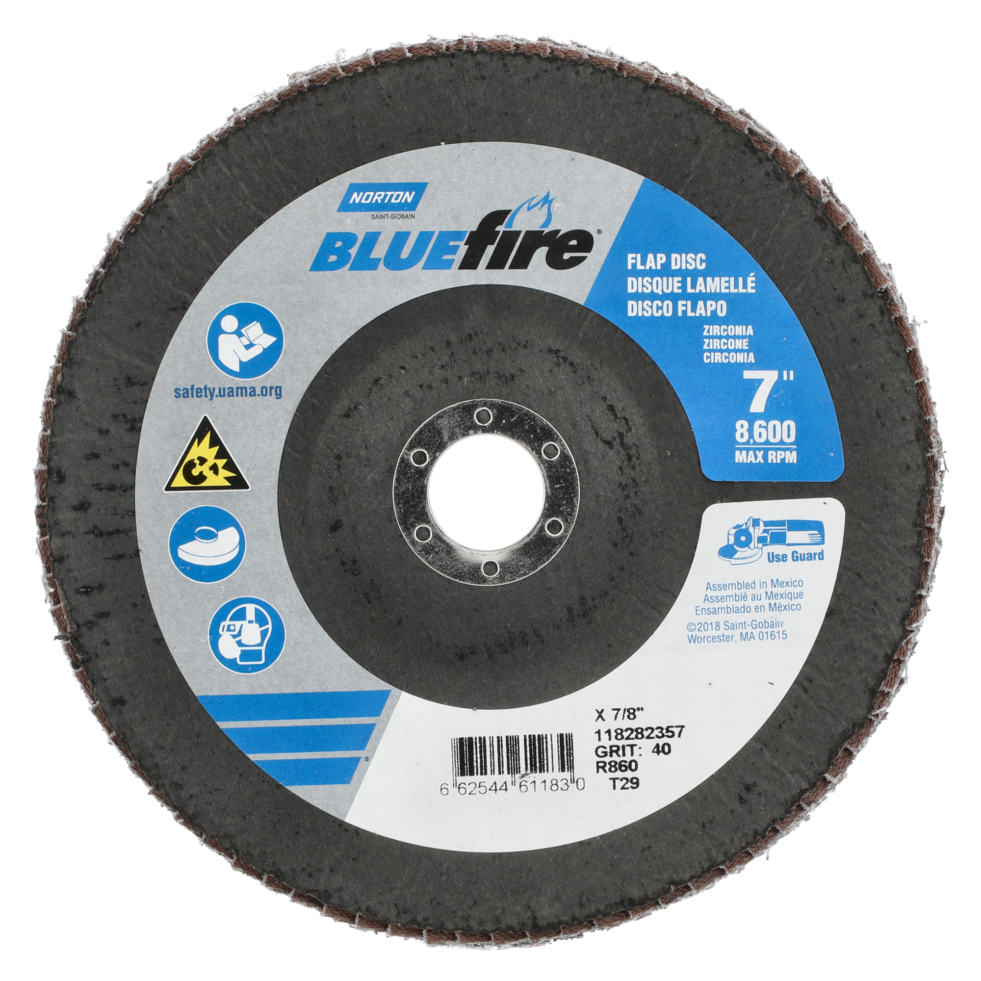 Norton 7 x 7/8 In. BlueFire Fiberglass Conical Flap Disc T29 P40 Grit R884P ZA