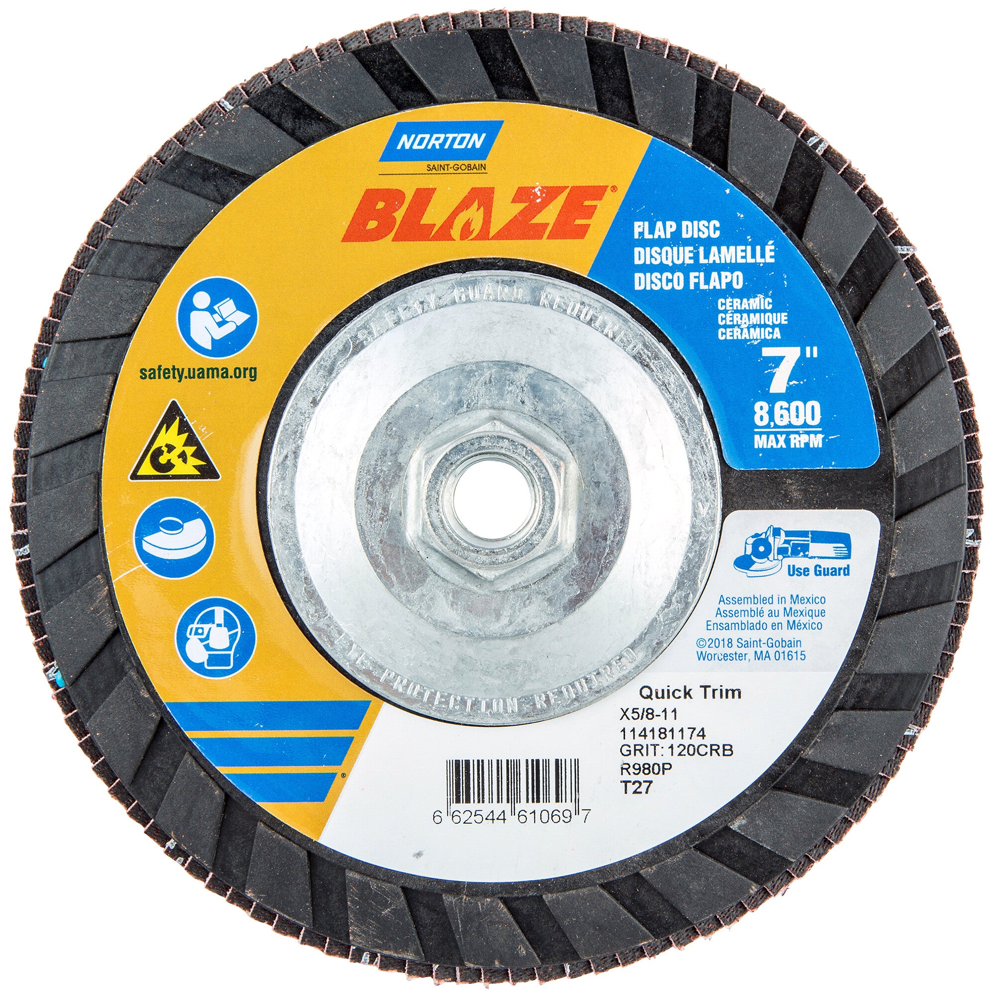 Norton 7 x 5/8 - 11 In. Blaze Plastic Flat Flap Disc T27 120 Grit R980P CA