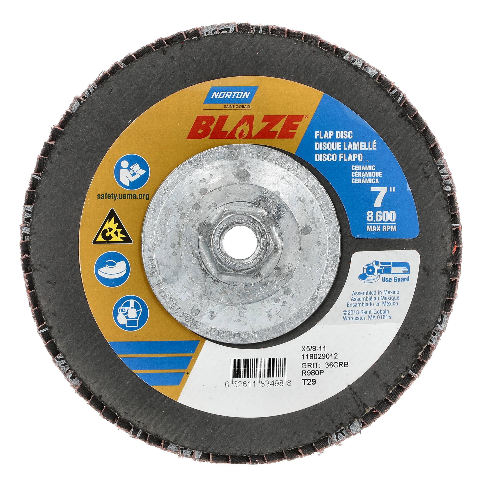 Norton 7 x 5/8 - 11 In. Blaze Fiberglass Conical Flap Disc T29 36 Grit R980P CA