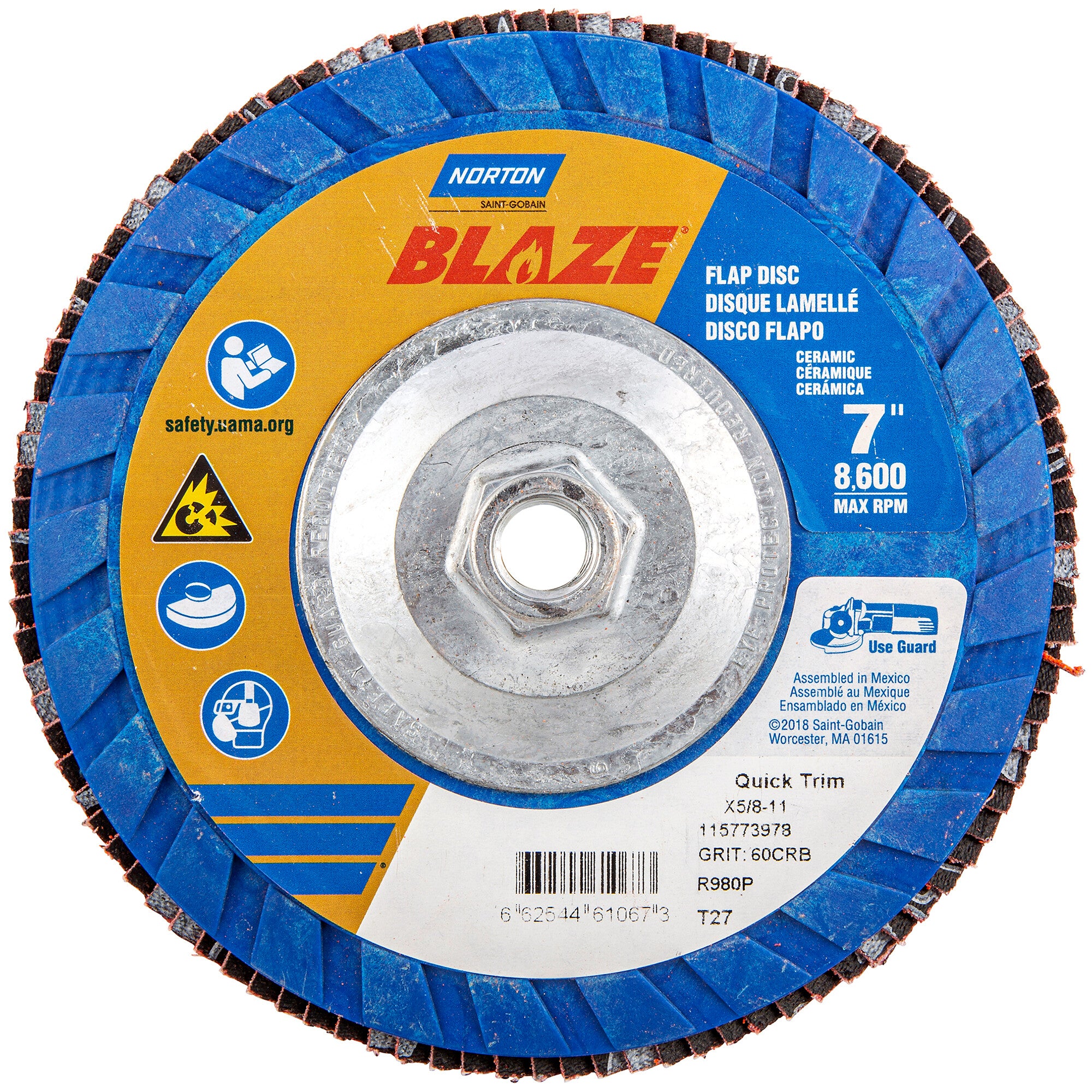 Norton 7 x 5/8 - 11 In. Blaze Plastic Flat Flap Disc T27 60 Grit R980P CA