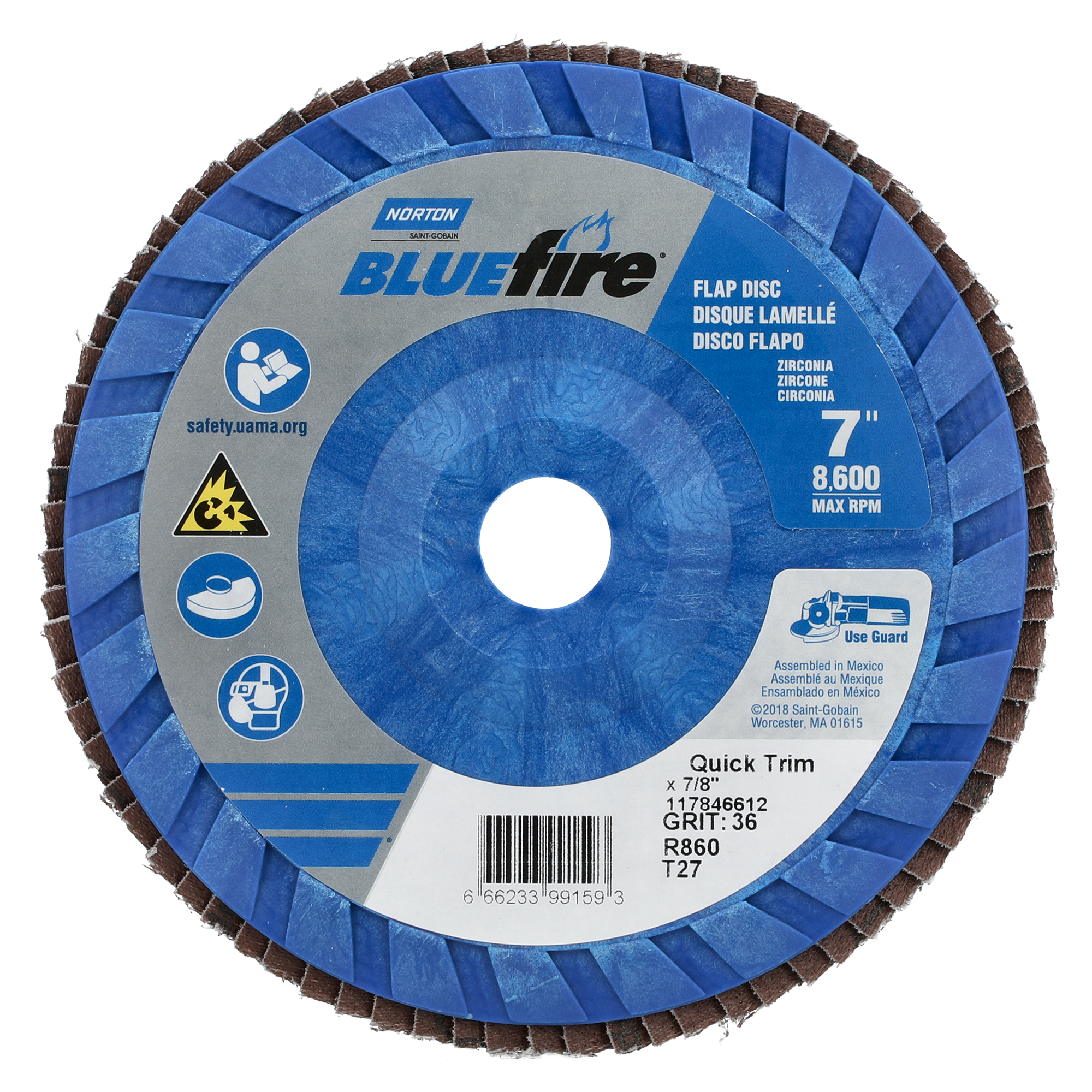 Norton 7 x 7/8 In. BlueFire Plastic Flat Flap Disc T27 P36 Grit R884P ZA