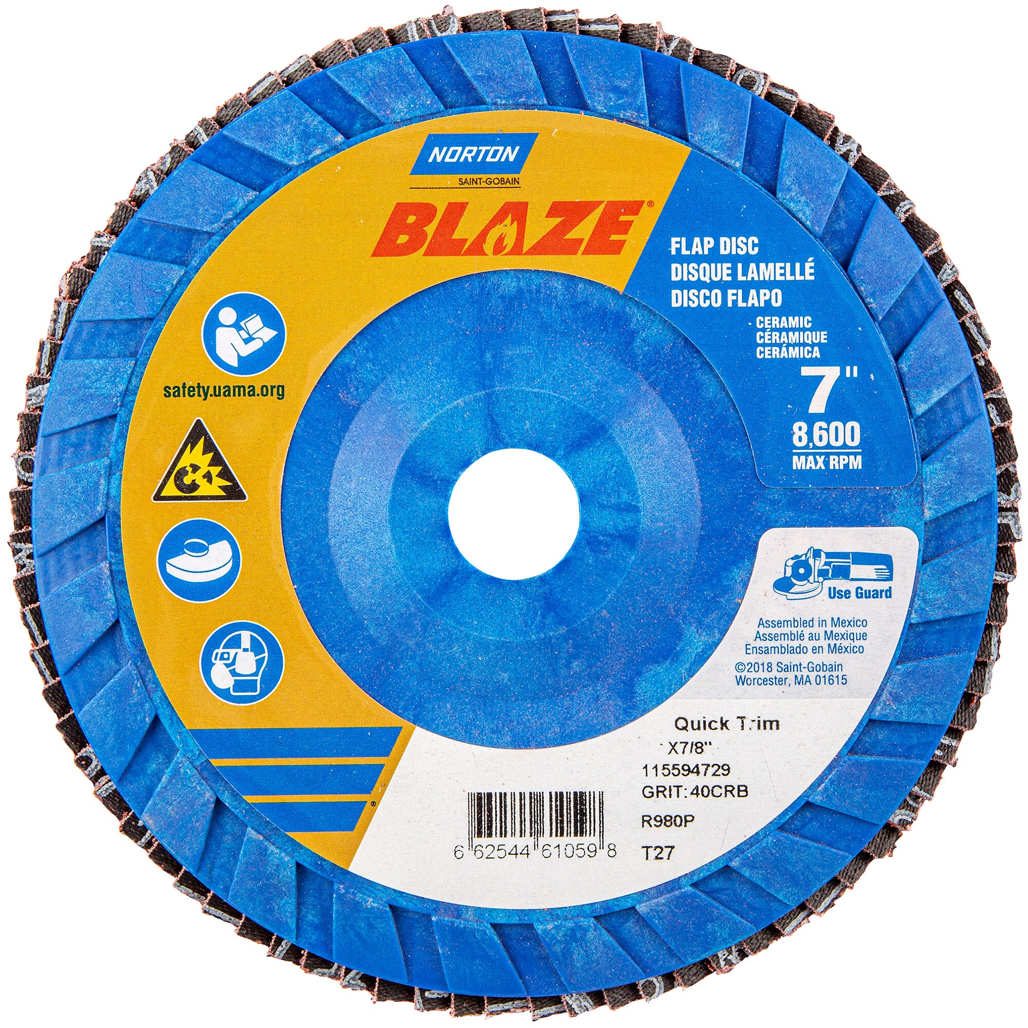 Norton 7 x 7/8 In. Blaze Plastic Flat Flap Disc T27 40 Grit R980P CA