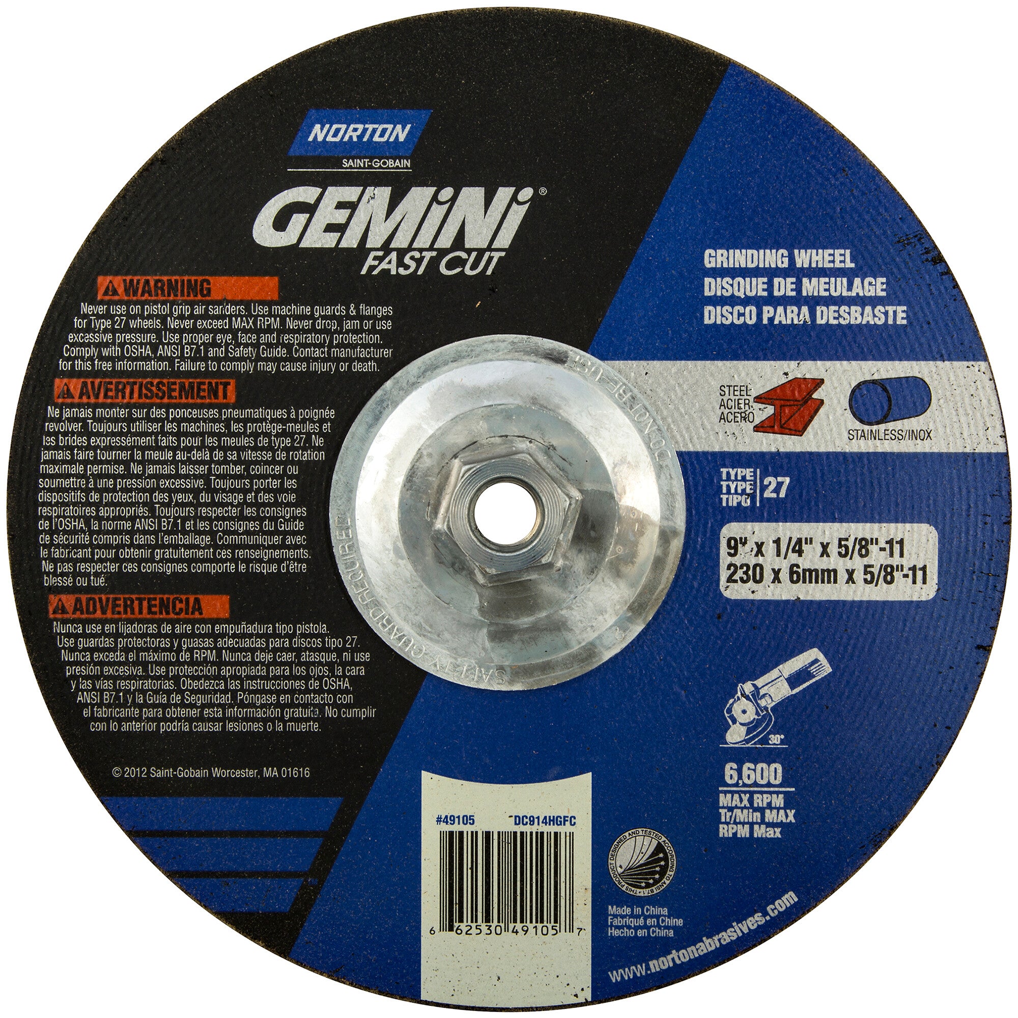 Norton 9 x 1/4 x 5/8 - 11 In. Gemini FC Grinding Wheel 24 N T27