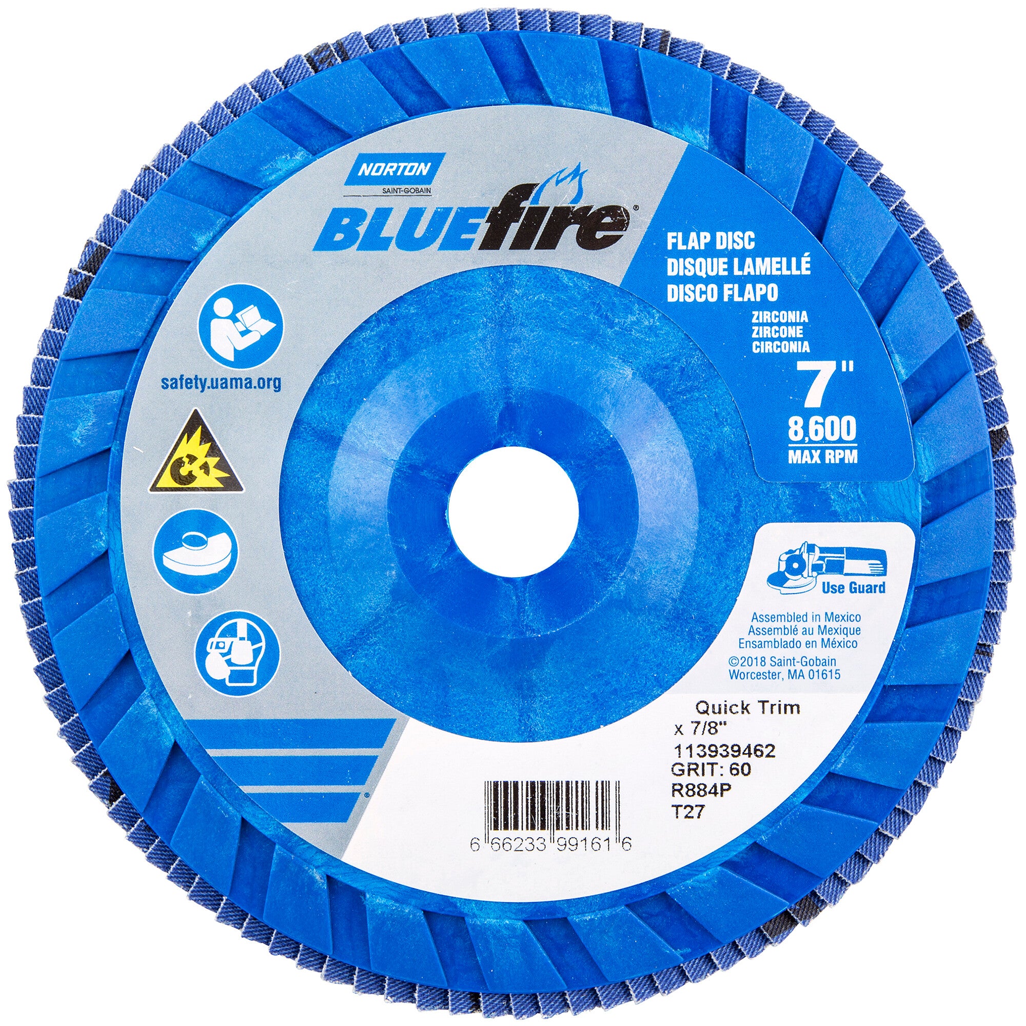 Norton 7 x 7/8 In. BlueFire Plastic Flat Flap Disc T27 P60 Grit R884P ZA