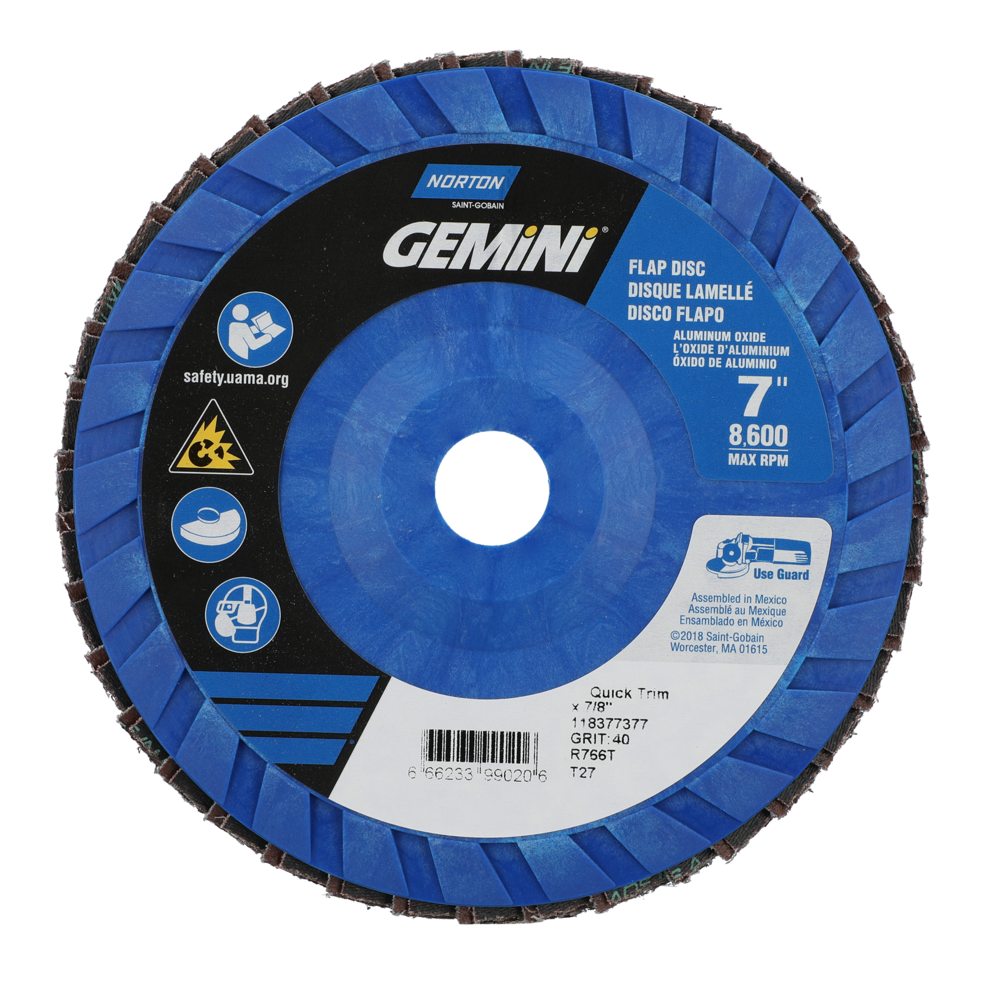 Norton 7 x 7/8 In. Gemini Plastic Flat Flap Disc T27 P40 Grit R766 ZA