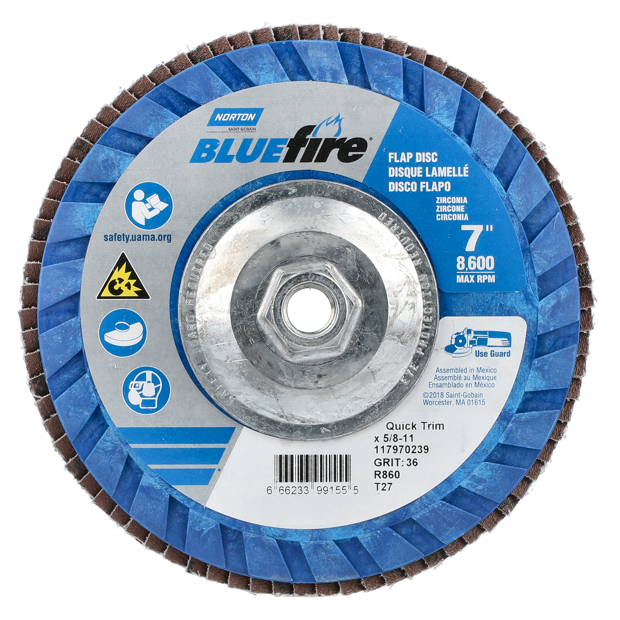 Norton 7 x 5/8 - 11 In. BlueFire Plastic Flat Flap Disc T27 P36 Grit R884P ZA