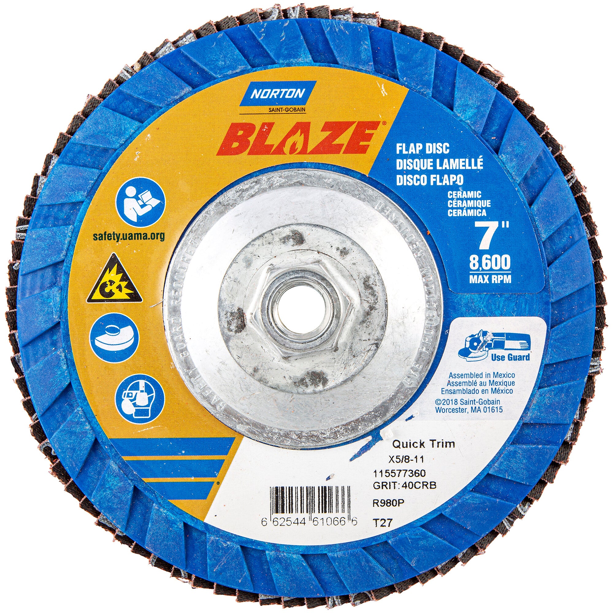 Norton 7 x 5/8 - 11 In. Blaze Plastic Flat Flap Disc T27 40 Grit R980P CA