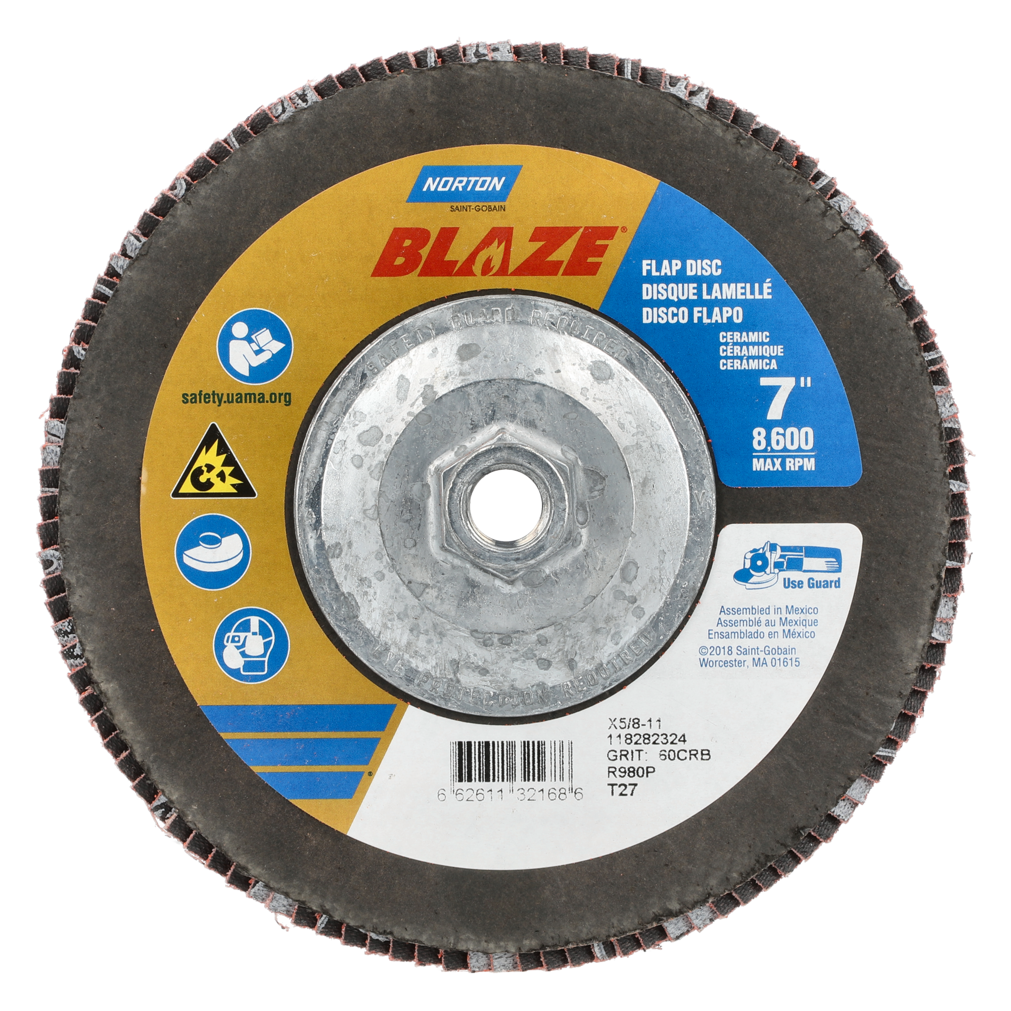 Norton 7 x 5/8 - 11 In. Blaze Fiberglass HD Flat Flap Disc T27 60 Grit R980P CA