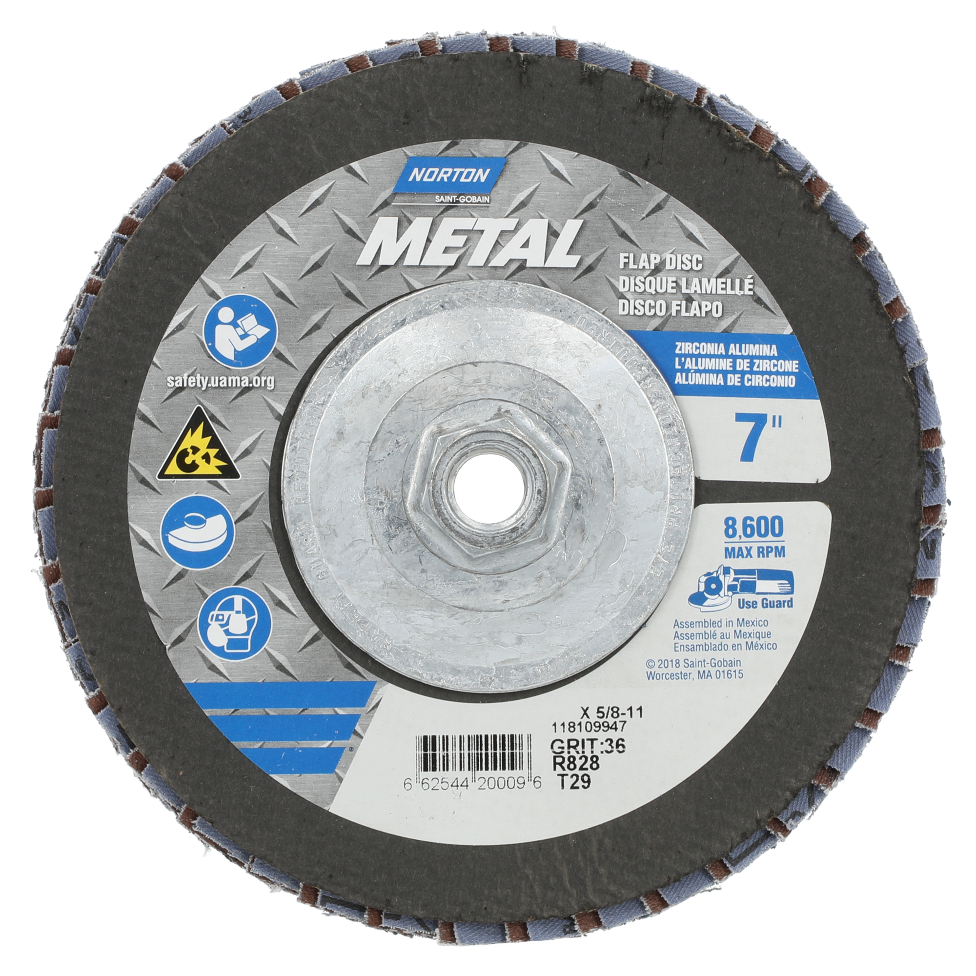 Norton 7 x 5/8 - 11 In. Metal Fiberglass Conical Flap Disc T29 P36 Grit R828 ZA