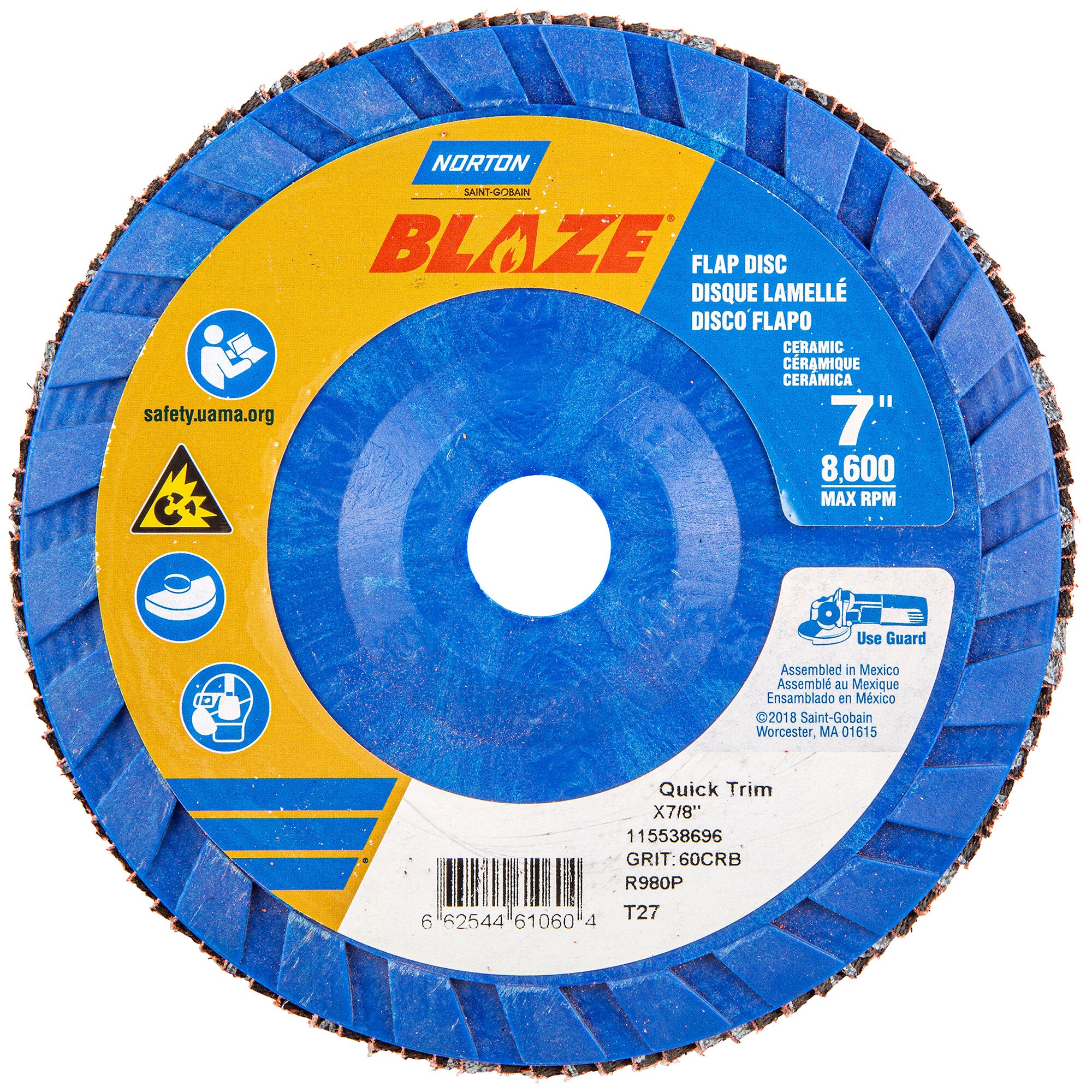 Norton 7 x 7/8 In. Blaze Plastic Flat Flap Disc T27 60 Grit R980P CA