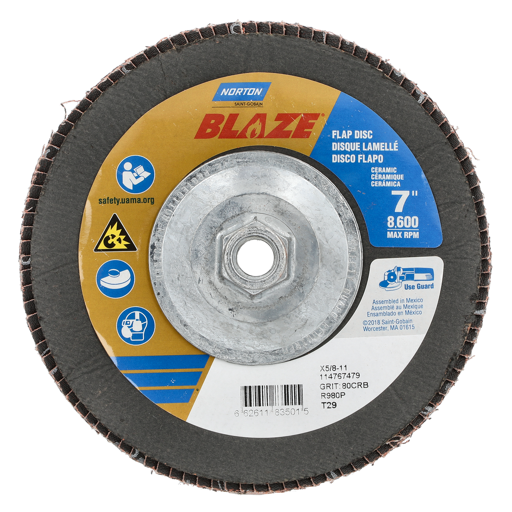 Norton 7 x 5/8 - 11 In. Blaze Fiberglass Conical Flap Disc T29 80 Grit R980P 