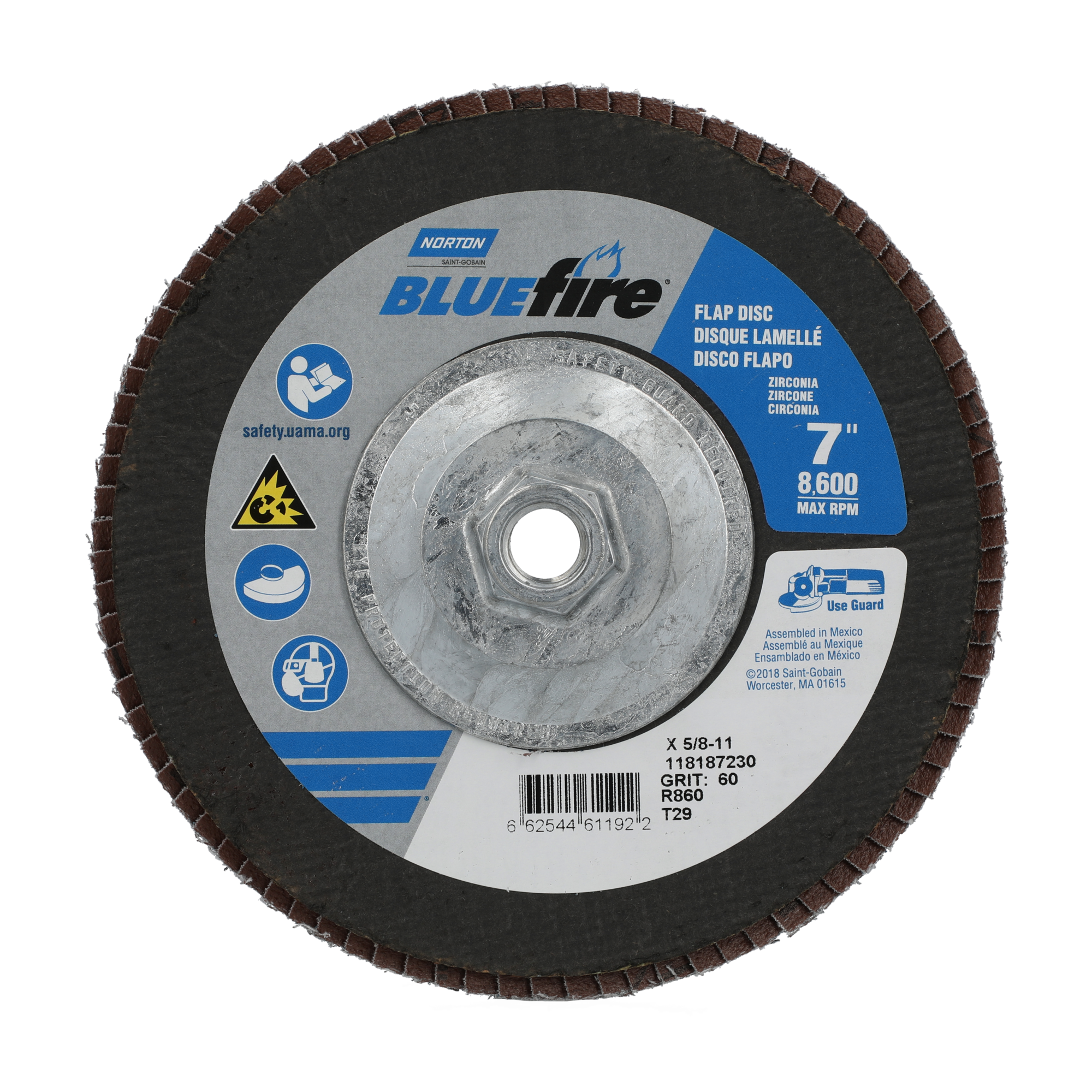 Norton 7 x 5/8 - 11 In. BlueFire Fiberglass Conical Flap Disc T29 P60 Grit R884P ZA