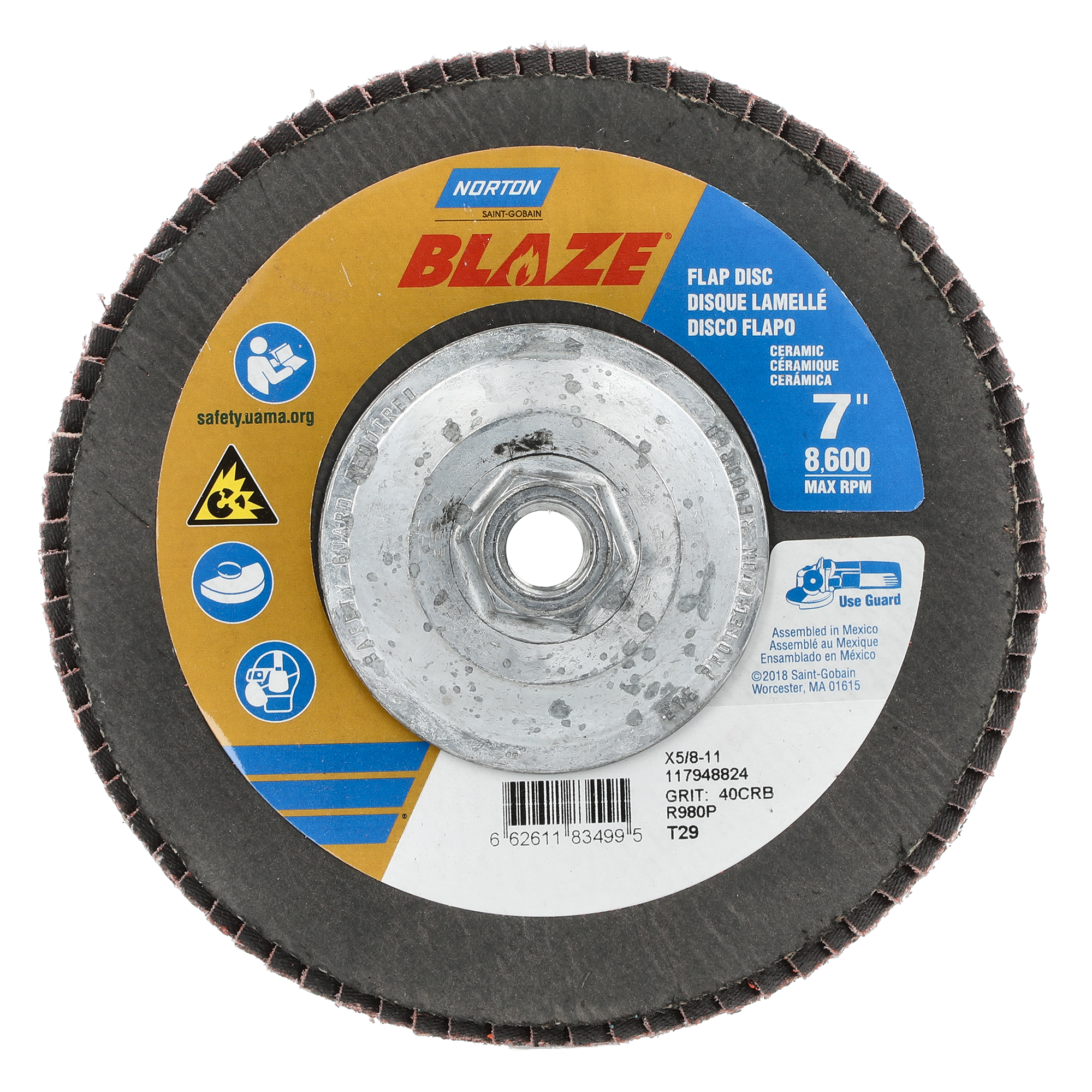 Norton 7 x 5/8 - 11 In. Blaze Fiberglass Conical Flap Disc T29 40 Grit R980P CA